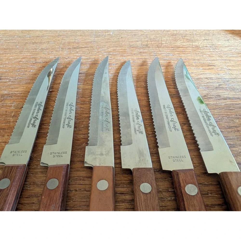 Vintage Color Craft Steak Knife Set 6pc Stainless Steel Wood Handle 1970s Retro